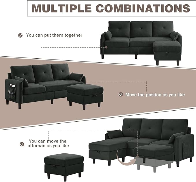 Convertible Sectional Sofa, 77" Small L Shaped 3 Seat Couch with Reversible Storage Chaise, Modern Polyester Fabric Sofa Couches for Living Room, Apartment and Small Space, Black