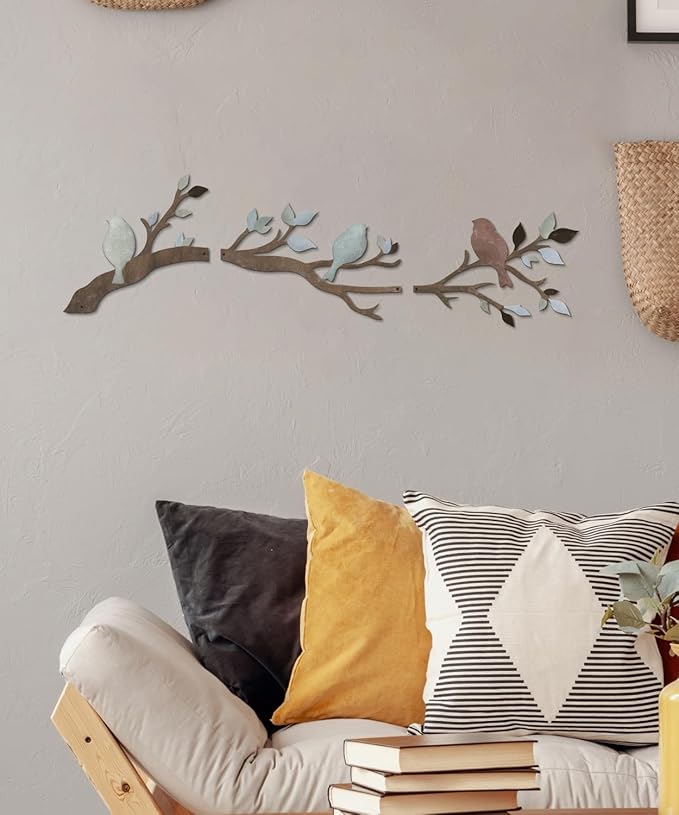 Putuo Decor Birds Branch Metal Wall Art Set Rustic Botanical Wall Decor Songbirds Leaves Neutral Nature Artwork for Living Room, Bedroom, Hallway, Entryway
