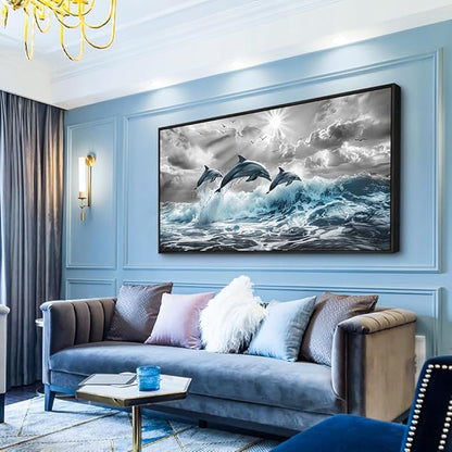 hyidecorart Black Framed Wall Art For Living Room Large Wall Decoration For Bedroom Modern Home Decor Office Canvas Art Print Artwork Dolphins Seascape Wall Paintings Blue wave Pictures 30X60