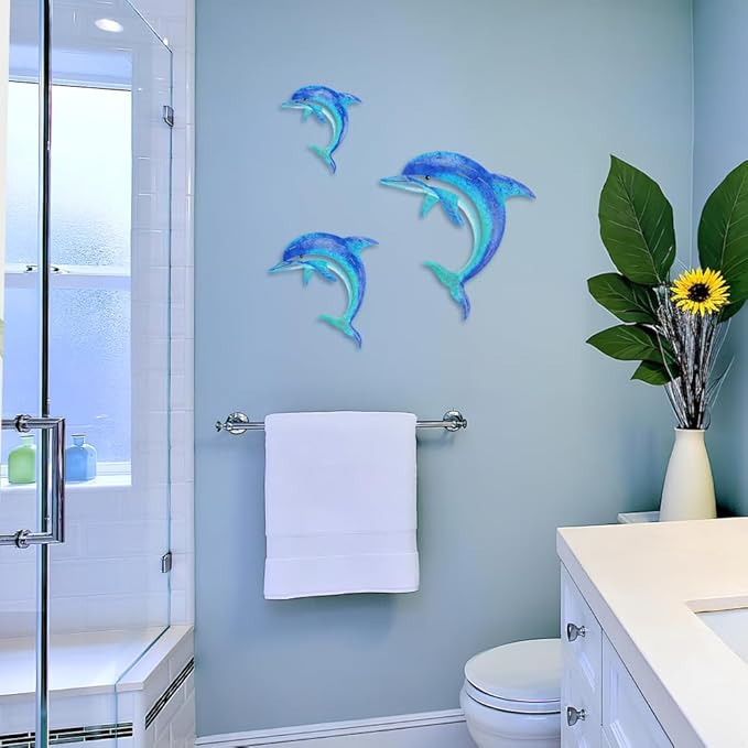 Dolphin Wall Decor Metal Fish Wall Decor Sea Coastal Outdoor Wall Art Metal Beach Ocean Decor For Bathroom Indoor Garden Yard Pool Outdoor Patio Kitchen (3 Pcs)