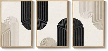 Large Framed Boho Neutral Abstract Wall Art for Living Room, 3 Piece Black and Beige Canvas Prints Artwork for Walls, Modern Minimalist Boho Geometric Wall Art Decor for Hallway Dining Room, 24x36 In