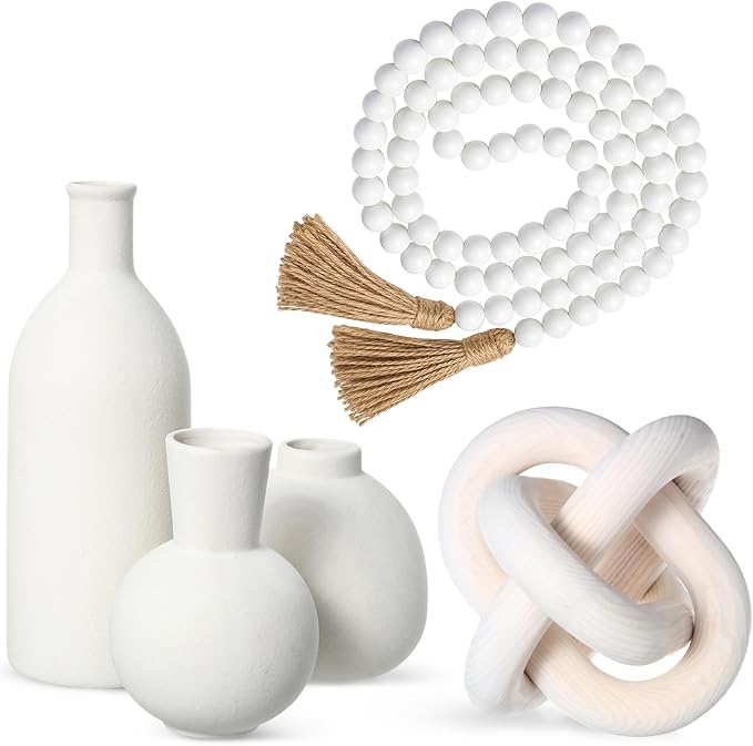 5 Pieces Country Style Ceramic Vase Set Table Centerpieces for Living Room 3 Pcs Bohemian Style Ceramic Vases with Wood Knot Chain Rings, Wooden Bead Garland Tassel Table Decor (White)