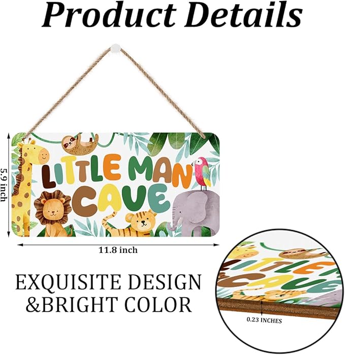 Little Man Cave Sign for Boys Jungle Animal Wooden Door Sign Wall Decor Woodland Nursery Baby Room Decor Rustic Wooden Hanging Sign Wall Hanging Bedroom Toddler Boy Room Gamer Room Decor for Boys