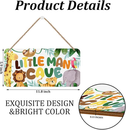 Little Man Cave Sign for Boys Jungle Animal Wooden Door Sign Wall Decor Woodland Nursery Baby Room Decor Rustic Wooden Hanging Sign Wall Hanging Bedroom Toddler Boy Room Gamer Room Decor for Boys