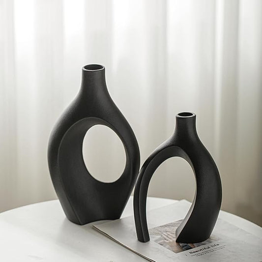 Lvases Snuggle Hollow Modern Ceramic Vase Set of 2, Mid Century Nordic Aesthetic Decorative Vase Decorative Vases for Home Table Decor (Matte Black W 6.8" X H 11")