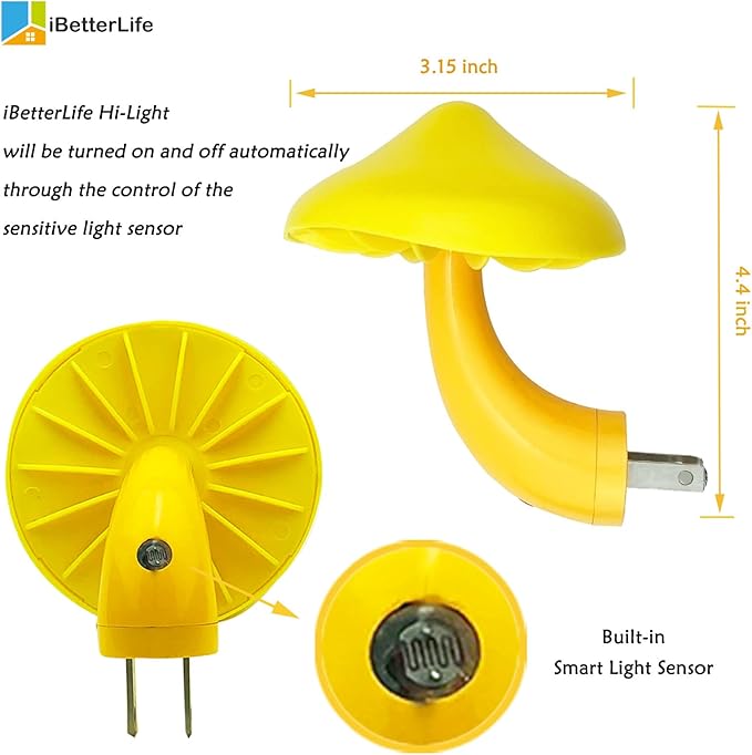 Sensor LED Mushroom Night Lights - 2Pack Plug into Wall Mushroom Lamp, Cute Dream Bed Nightlight for Kids Adults for Home Office, Bedroom, Bathroom Toilet, Stairs Hallway Corridor, Warm White & Yellow