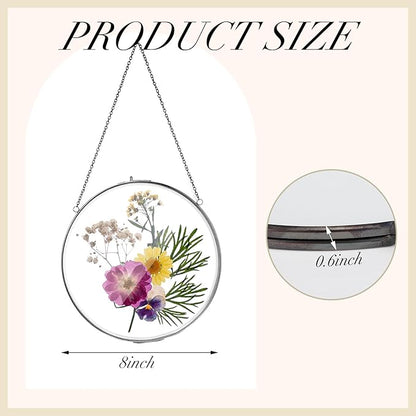 Qunclay 4 Pcs Double Glass Frame for Pressed Flowers Round Hanging Herbarium Floating Flower Press Frame Clear DIY Vintage Artwork Display holder(8 Inch,Black)