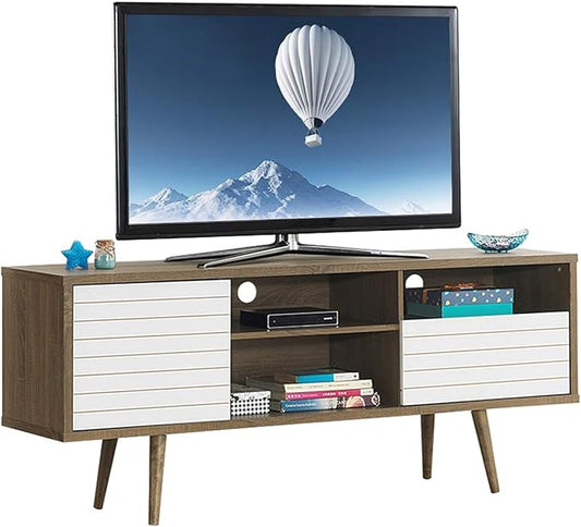 Tangkula Mid-Century Modern TV Stand for TVs up to 70" - Wooden Console Table with Storage Shelves, Cabinet and Drawer, Living Room Entertainment Center (Walnut & White)