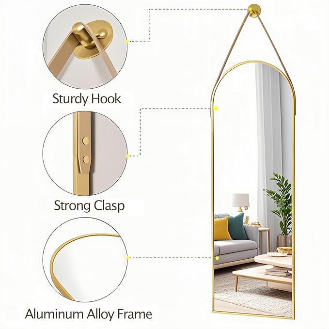 Dewfig 16"x48" Hanging Mirror with Leather Strap,Arched Full Length Mirror with Aluminum Frame Wall-Mounted Hanging Mirrors for Bathroom Vanity Living Room Bedroom Entryway Décor, Gold