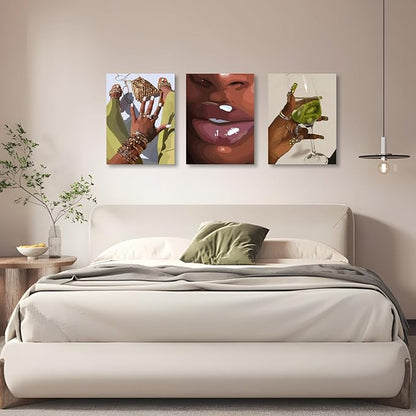 Hianan Black Girl Canvas Wall Art Set of 3, Framed African American Woman Wall Decor, Fashion Black Women Poster Prints, Abstract Black Girl Aesthetic Pictures for Living Room Bedroom 12"x16"
