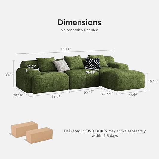 Modern L-Shaped Modular Sectional Sofa for Living Room，Oversized 3-Seater Couch with Deep Seat and Movable Ottoman – No Assembly,Comfortable Suede Fabric Boneless Sofa (Dark Green)