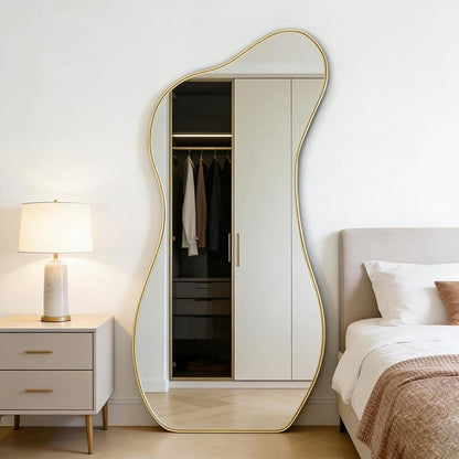 Large Irregular Wall Mirror, 63"x30" Asymmetrical Aesthetic Floor Mirror with Gold Metal Frame, Modern Organic Shaped Mirrors for Living Room Bedroom Hallway Entryway, Hanging or Leaning