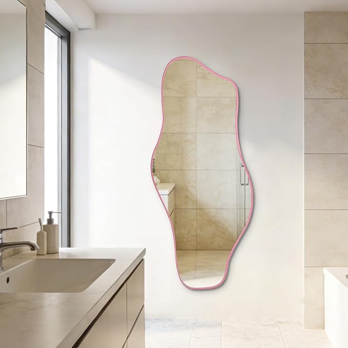 Large Irregular Mirror, 63"x30" Asymmetrical Tempered Glass Mirror Full Length, Pink Organic Frameless Wall Mirrors for Living Room Bedroom Hallway Entryway, Horizontal or Vertical Hanging