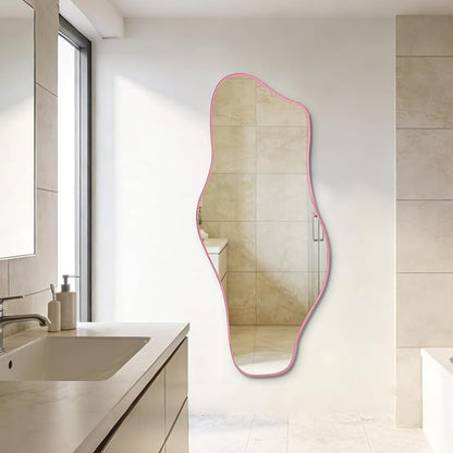 Large Irregular Mirror, 63"x30" Asymmetrical Tempered Glass Mirror Full Length, Pink Organic Frameless Wall Mirrors for Living Room Bedroom Hallway Entryway, Horizontal or Vertical Hanging