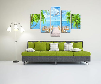 Landscape Seagulls Palm Scene Picture Modern Painting on Canvas 5 Panels Combination Set Framed Wall Art for Living Room Bedroom Home Decor Stretched Gallery Wrap Giclee Print (60''W x 40''H)