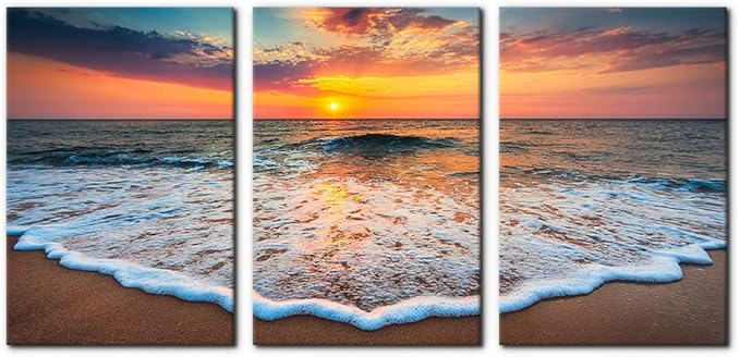 Pacimo 3 Pieces Wall Art Decor Beach Canvas Print Picture Sunrise Ocean Waves Scenery Painting Artwork for Office Wall Decor Home Decoration Stretched and Framed Ready to Hang - 16"x24"x3 Panels