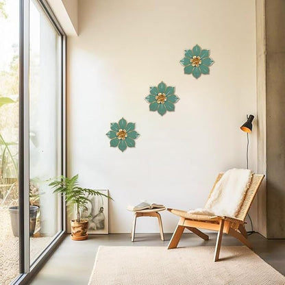 Metal Flowers Wall Decor Set of 3, Green & Gold 3D Floral Metal Wall Art Decor for Inoor & Outdoor Use, Vintage & Modern Walls Arts for Bathroom, Living Room, Bedroom, Garden, Patio, Porch, Office,10"