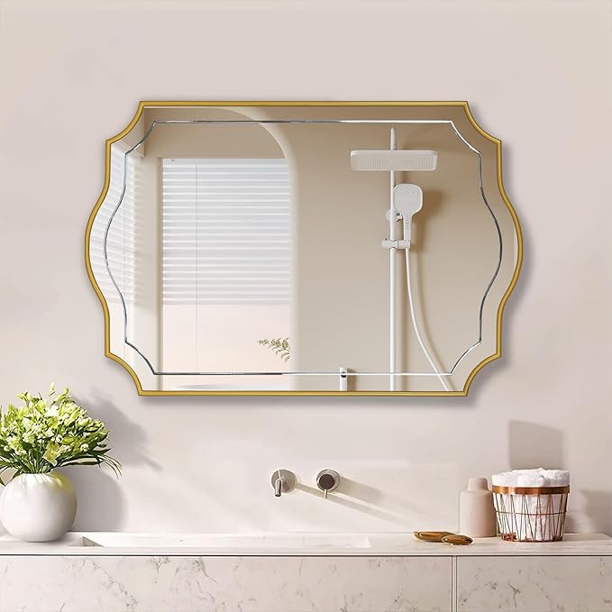 POZINO Gold Scalloped Mirror, 24"x36" Modern Rectangle Aesthetic Mirror with Wood Frame, Irregular Wavy Mirrors for Bathroom Living Room Bedroom Entryway Hallway, Hangs Vertically or Horizontally