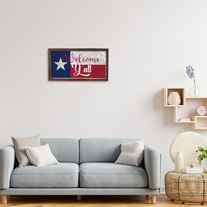 Welcome Y'all Sign for Front Door Decor, Texas Flag Wall Art, Welcome Decoration for Home, Rustic Wall Decoration, Wooden Framed Hanging Sign, 15×7.5×0.3 inches