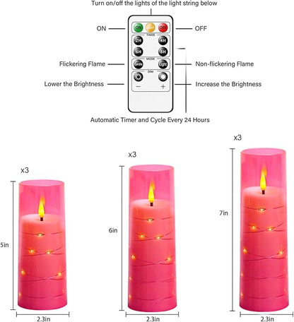 kakoya Flameless LED Candles with Timer 9 Pc Flickering Flameless Candles for Romantic Ambiance and Home Decoration Stable Acrylic Shell,with Embedded Star String，Battery Operated Candles(Pink)