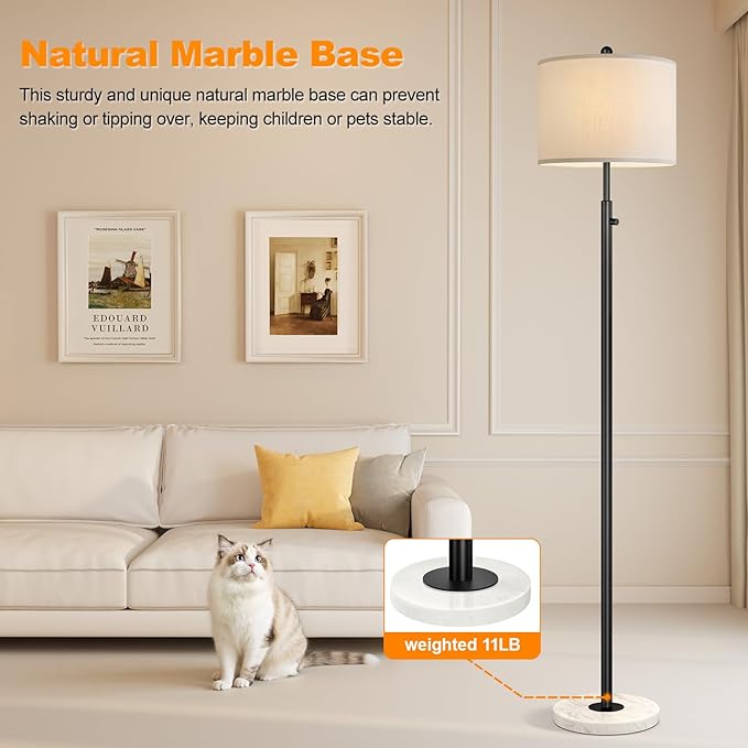 Nintiue Dimmable Floor Lamp for Living Room, 11W LED Bulb Included, Modern Standing Lamp with Marble Base, Tall Pole Light with White Linen Shade for Bedroom Reading Office Corner Nursery-Black