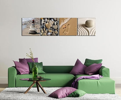 Wieco Art Canvas Prints Wall Art Romantic Beach Theme Zen Stone Pictures Paintings for Living Room Kitchen Home Decor Large Modern 4 Panels Stretched and Framed Seascape Sea Beach Artwork L