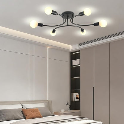 FRIXCHUR 6-Light Sputnik Chandelier, Black Mid-Century Modern Semi Flush Mount Ceiling Light, Metal Fixture with E26 Sockets for Bedroom, Living Room, Kitchen (Bulbs Not Included)