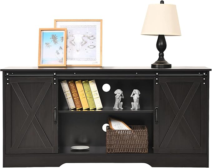 4 EVER WINNER 59" Farmhouse TV Stand, TV Entertainment Center with Sliding Barn Door & Adjustable Shelf for 65" TV, TV Stand for Living Room, Bedroom, Dark Brown