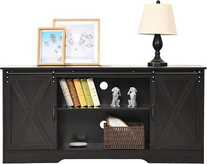 4 EVER WINNER 59" Farmhouse TV Stand, TV Entertainment Center with Sliding Barn Door & Adjustable Shelf for 65" TV, TV Stand for Living Room, Bedroom, Dark Brown