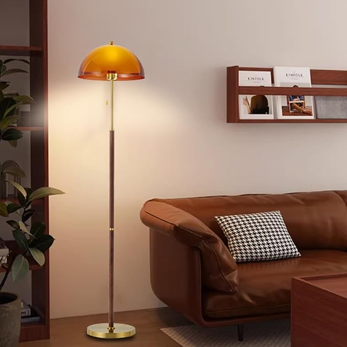 Tea Brown Dome Acrylic Shade Floor Lamp with Pull Chain,Mushroom Standing Lamp with Golden Base,Mid Century Modern Floor Light for Living Room Bedroom and Office
