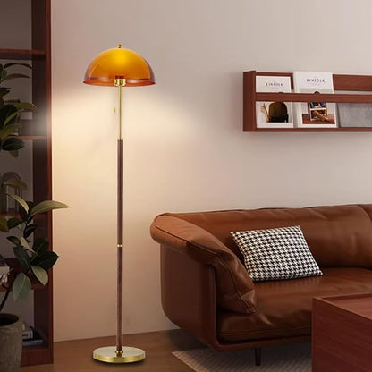 Tea Brown Dome Acrylic Shade Floor Lamp with Pull Chain,Mushroom Standing Lamp with Golden Base,Mid Century Modern Floor Light for Living Room Bedroom and Office