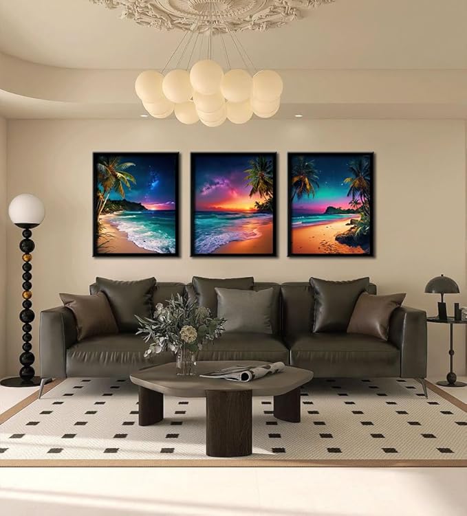 Beach Sunset Black Framed Wall Art for Living Room Tropical Ocean Canvas Prints Northern Lights Aurora Natural Landscape Painting Large Wall Decor for Bedroom Office Dining Room 16"x24"x3pcs