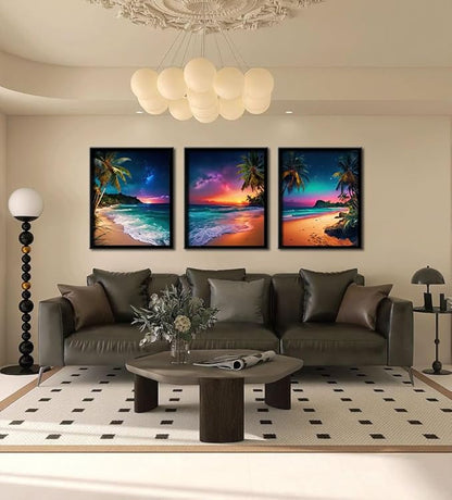 Beach Sunset Black Framed Wall Art for Living Room Tropical Ocean Canvas Prints Northern Lights Aurora Natural Landscape Painting Large Wall Decor for Bedroom Office Dining Room 16"x24"x3pcs