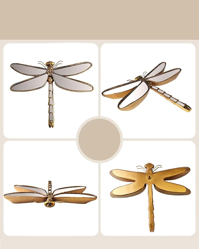 Dragonfly Wall Mirror Decor, Butterfly Art Wall Mirrors, Retro Gold Resin Decorative Wall Mirror, Creative Home Decoration for Living Room Bedroom (Dragonfly)