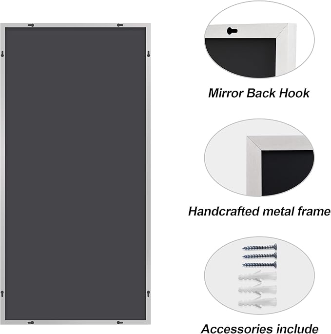 COFENY 48x24In Silver Bathroom Mirror for Wall, Brushed Nickel Rectangle Mirrors with Metal Frame, Bathroom Rectangular Mirror Modern Wall Mirror for Bedroom Living Room, Hangs Horizontal or Vertical