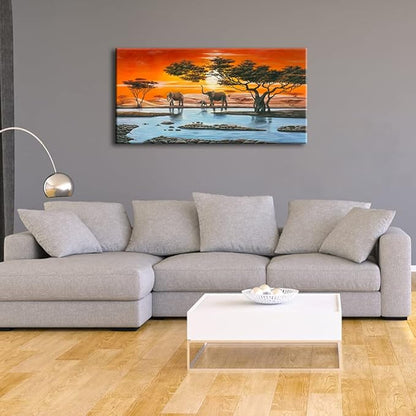 Wieco Art African Elephants Giclee Canvas Prints Wall Art Modern Extra Large African Landscape Animals Paintings Reproduction Pictures Artwork for Living Room Home Decorations