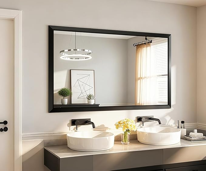 SMIROR Matte Black Bathroom Mirror for Over Sink 60x 36 inch, Metal Thick Frame Rectangle Vanity Mirror for Wall, Anti-Rust, Horizontally or Vertically Mounted