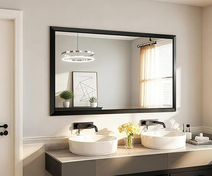 SMIROR Matte Black Bathroom Mirror for Over Sink 66x 36 inch, Metal Thick Frame Rectangle Vanity Mirror for Wall, Anti-Rust, Horizontally or Vertically Mounted