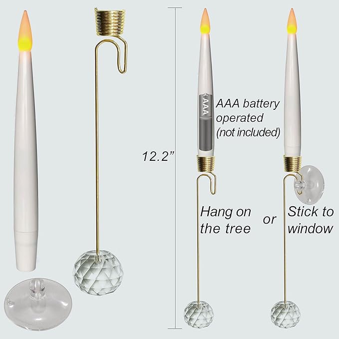 Leejec Christmas Tree Candles with Wand Remote, 10 Pack Battery Operated Flameless Taper Window Candle, Flickering Warm Light, Xmas Tree Decorations with Crystal Ball Hook, Wedding Home Gift