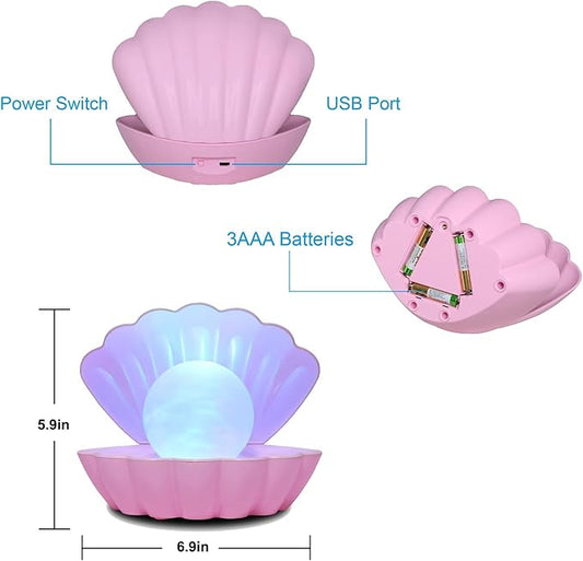 LKUA Shell Pearl Beach Themed Night Light, RGB 8 Colors Changing Mood Shell Pearl Lamps, Bedside LED Clamshell Portable Night Lights for Bar (Pink)