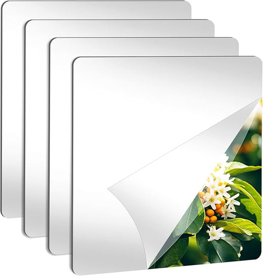 LXCREAT 4 Pack Peel and Stick Mirrors for Wall, Self Adhesive Square Acrylic Mirror Tiles 7.8x7.8 Inch, Flexible Plastic Mirror Sheets Wall Stickers 2MM Thick for Bathroom Gym Decor