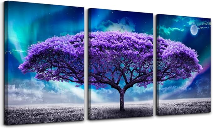 Lapremoly Canvas Wall Art For Living Room Boho Decor Bedroom Farmhouse Pictures Aurora Purple Tree Scenery Paintings Office Prints Modern Dormitory Home Decorations 16'' X 24'' 3 Piece