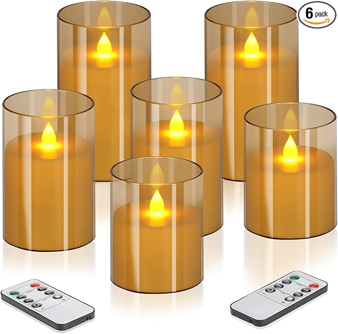 wemarry Flameless Candles 4" 5" 6" Acrylic Glass Pillars 3" Diameter Battery Operated Flickering Candles Include 8-Key Remote with Timer Function 400+ Hours (Amber, Warm Light 6 Pack)