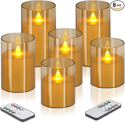 wemarry Flameless Candles 4" 5" 6" Acrylic Glass Pillars 3" Diameter Battery Operated Flickering Candles Include 8-Key Remote with Timer Function 400+ Hours (Amber, Warm Light 6 Pack)