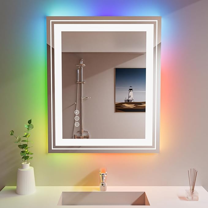 Snowdool LED Mirror for Bathroom, 30"X36" with 8 RGB Backlit +3 Front Lit (Adjustable Individually), Anti-Fog, Lighted Bathroom Vanity Mirror for Wall, Shatterproof, Memory Function, Tempered Glass