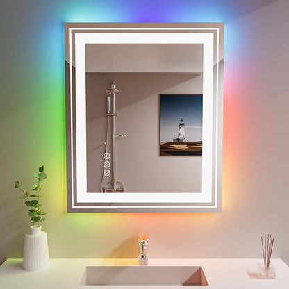 Snowdool LED Mirror for Bathroom, 30"X36" with 8 RGB Backlit +3 Front Lit (Adjustable Individually), Anti-Fog, Lighted Bathroom Vanity Mirror for Wall, Shatterproof, Memory Function, Tempered Glass