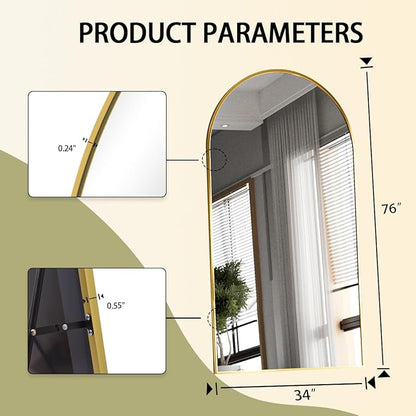 BEAUTYPEAK Arch Mirror Full Length, 76"x34" Wall Mirrors, Oversized Full Body Floor Mirror, Aluminum Alloy Frame for Bedroom, Dressing Room, Gold