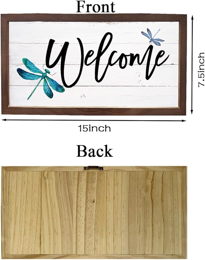 Dragonfly Welcome Sign, Front Door Porch Decors, Welcome Decoration for Wall, Country Style Home Decor, Housewarming Decors, Wooden Framed Wall Decor 15×7.5×0.3 inches