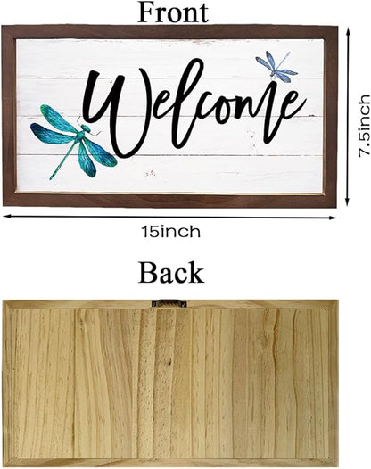 Dragonfly Welcome Sign, Front Door Porch Decors, Welcome Decoration for Wall, Country Style Home Decor, Housewarming Decors, Wooden Framed Wall Decor 15×7.5×0.3 inches