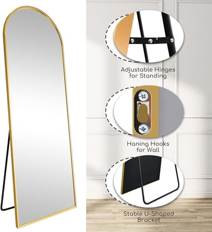 Prywot Arched Full Length Mirror, 70"x26" Free Standing Floor Mirror, Modern Full Body Mirrors with Stand, Wall Mirrors with Aluminum Alloy Frame for Bedroom,Living Room, Gold